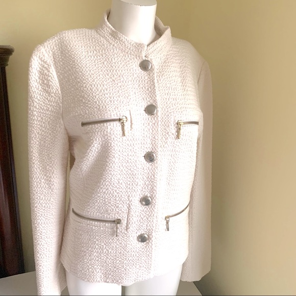 Zara Creamy Beige Cotton Tweed Blazer Metal Zippers Buttons Long Sleeve US M-L - Picture 3 of 13
